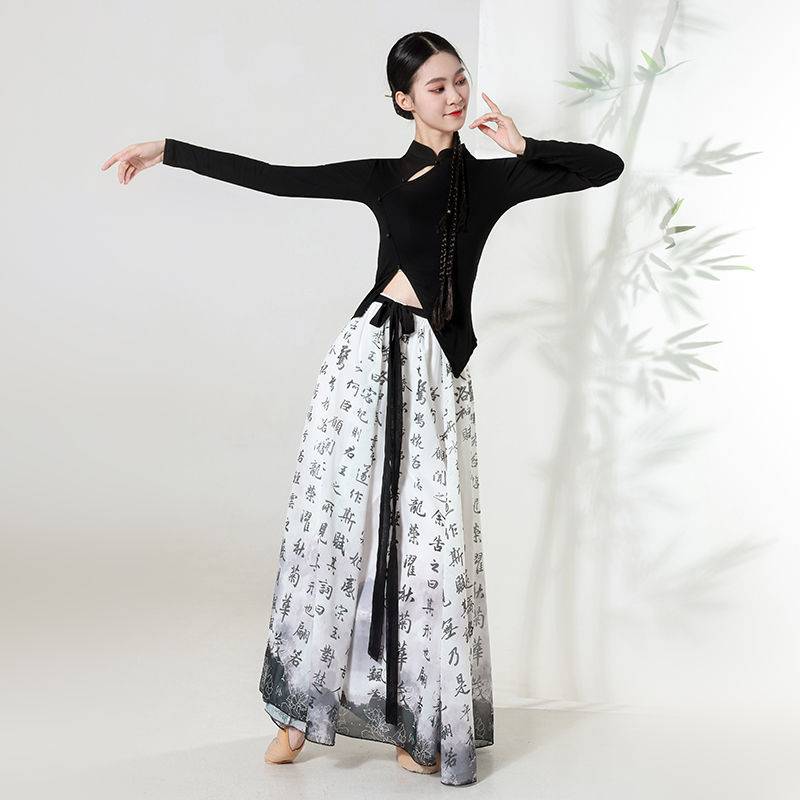 Classical dance clothing flowers and ancient style dance Chinese characters bamboo leaf printing cheongsam top skirt big skirt practitioner performance clothing
