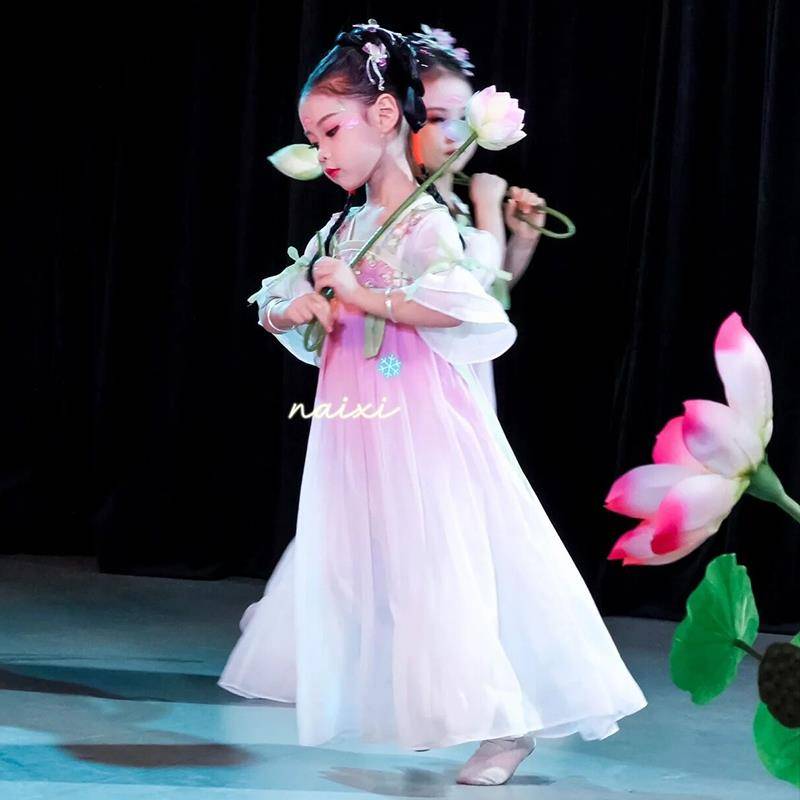 Children's Hanfu Jiangnan Cai Cai Lotus Performance Classical Dance Flower Fairy Dance Clothing Private Protective Skirt Tang Fress