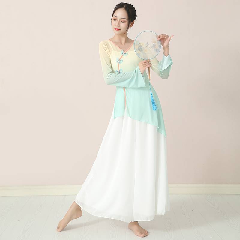 Classical dance gauze female body rhyme, elegant gradient, elastic shirt, Chinese dance exercise, national dance watch show