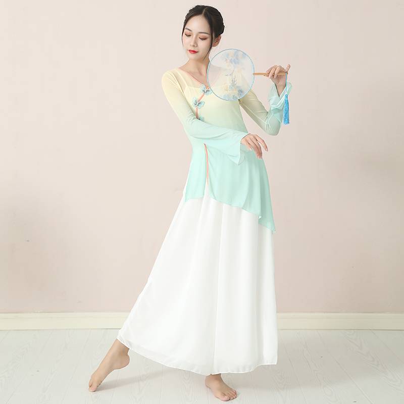 Classical dance gauze female body rhyme, elegant gradient, elastic shirt, Chinese dance exercise, national dance watch show