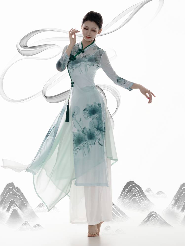 Classical dance cheongsam dance dedicated clothing Chinese dance exercise clothes body rhyme yarn shirt performance clothes