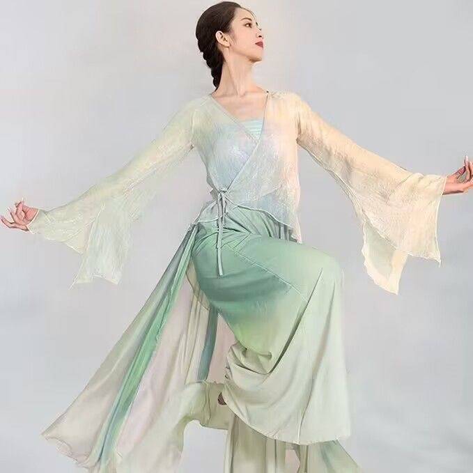 Renting classical dance gauze, practice clothes, wide -leg pants, fairy, elegant female Chinese dance clothing art test show, showing clothing