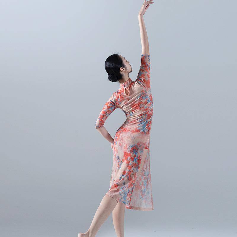 Dance cheongsam dancing special elastic classical dance printing polished and improved cheongsam high split training service Latin dance