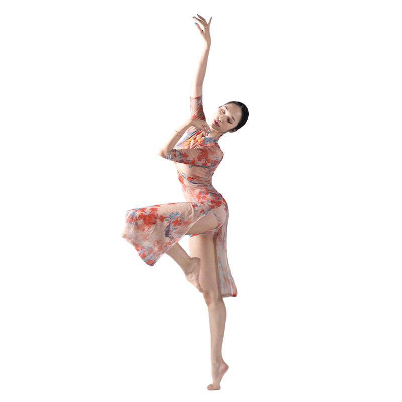 Dance cheongsam dancing special elastic classical dance printing polished and improved cheongsam high split training service Latin dance