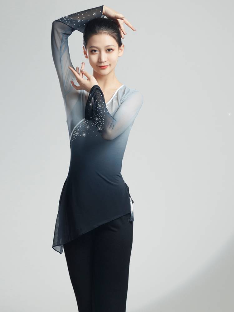 Classical dance rhyme gauze art test dance service gradient long -sleeved Chinese dance base training uniform with drilling rhyme training clothes top