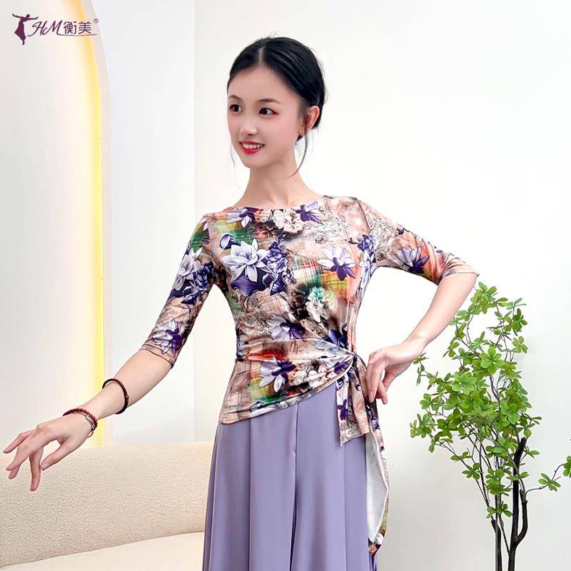 Dance clothes top Classical dance exercise lean tie thin -shaped body clothes medium sleeve Chinese modern dance square dance clothing