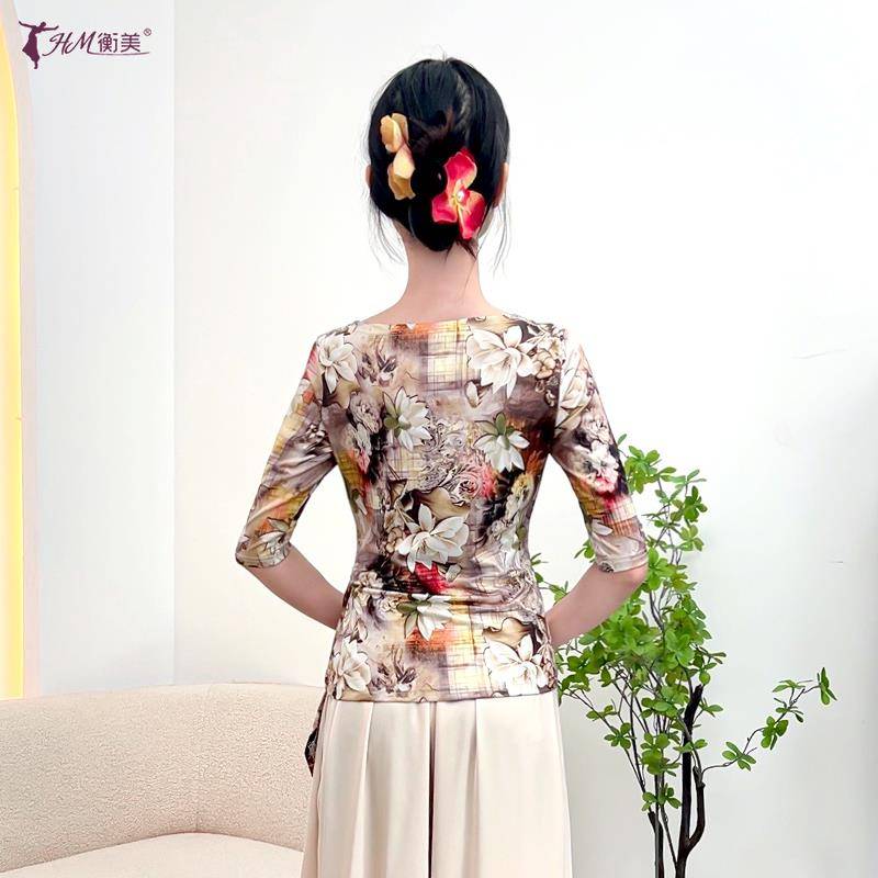Dance clothes top Classical dance exercise lean tie thin -shaped body clothes medium sleeve Chinese modern dance square dance clothing