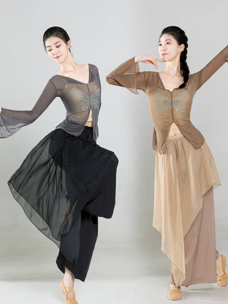 Classical dance hot drilling rhyme gauze female Chinese dance service modern dance exercise jacket shirt performance suit suit