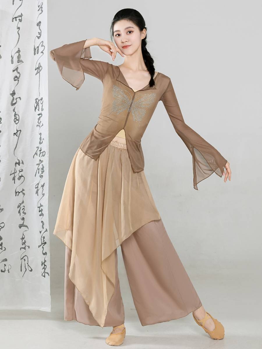 Classical dance hot drilling rhyme gauze female Chinese dance service modern dance exercise jacket shirt performance suit suit