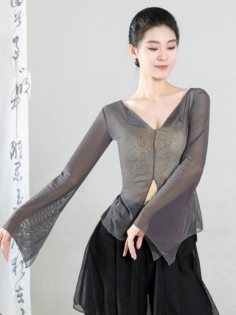 Classical dance hot drilling rhyme gauze female Chinese dance service modern dance exercise jacket shirt performance suit suit