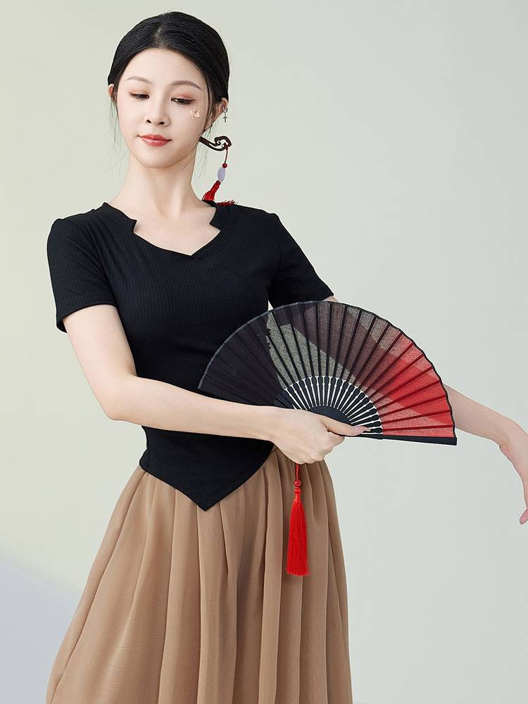 Classical dance top new short -sleeved slim black dance shirt New national style dance exercises modern dance clothing girl