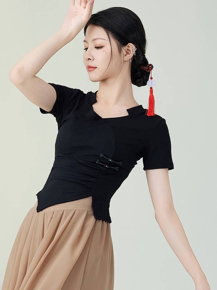 Classical dance top new short -sleeved slim black dance shirt New national style dance exercises modern dance clothing girl