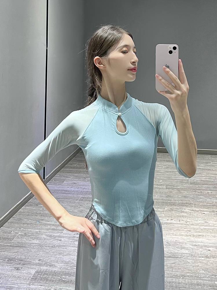 Modern dance exercise, female adult temperament slim stitching gauze sleeve top Chinese style dance clothing classical dance clothing