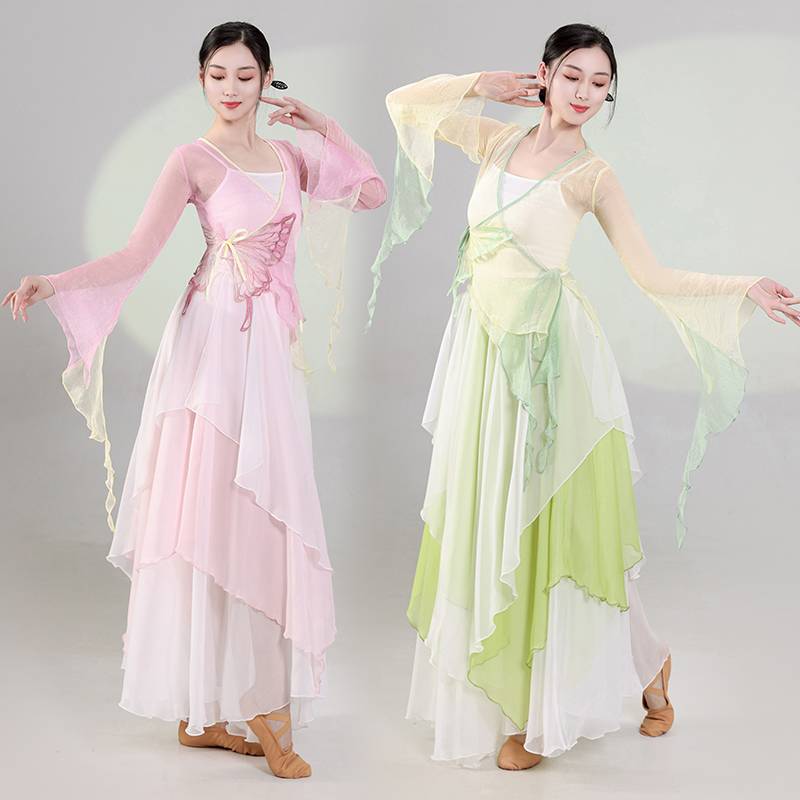 Classical dance body rhyme, butterfly powder green yarn Chinese dance exercise suit performance service female elegant fairy dance clothing