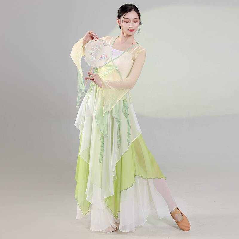 Classical dance body rhyme, butterfly powder green yarn Chinese dance exercise suit performance service female elegant fairy dance clothing