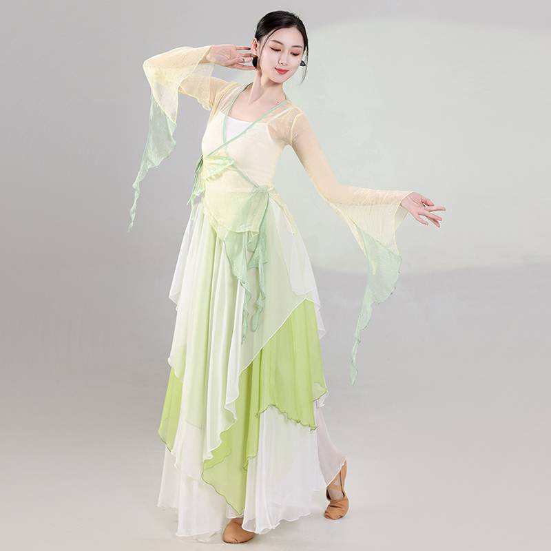 Classical dance body rhyme, butterfly powder green yarn Chinese dance exercise suit performance service female elegant fairy dance clothing