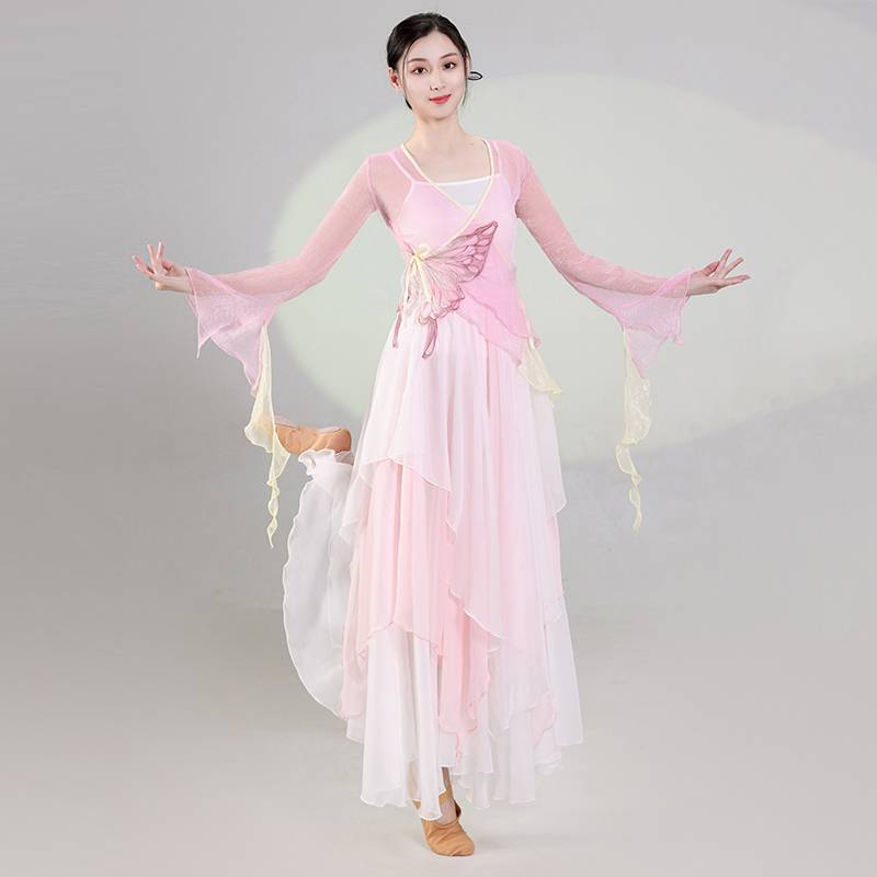 Classical dance body rhyme, butterfly powder green yarn Chinese dance exercise suit performance service female elegant fairy dance clothing