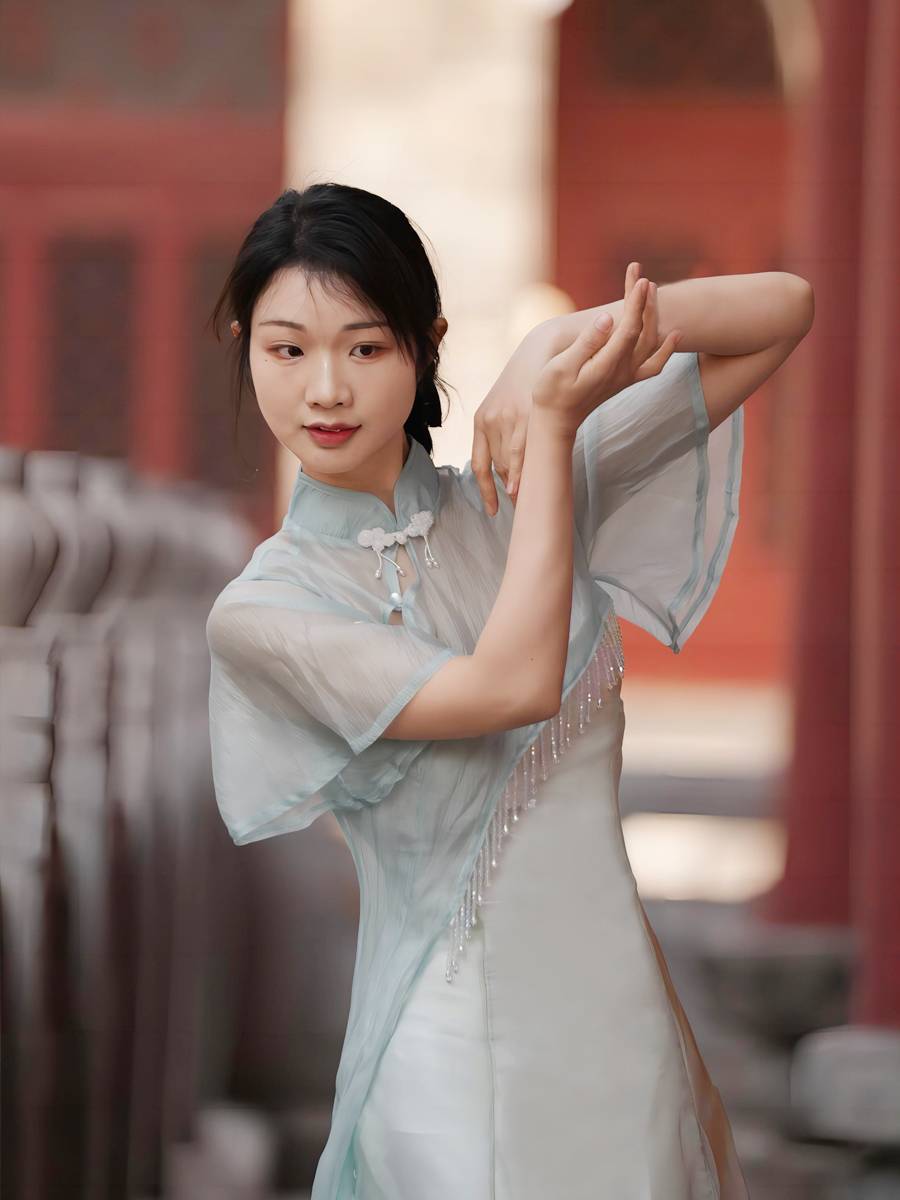Wu Ruixiang Ruyong Eli Cheongsam elegant Chinese classical dance clothing temperament national wind suspender half -sleeved suit