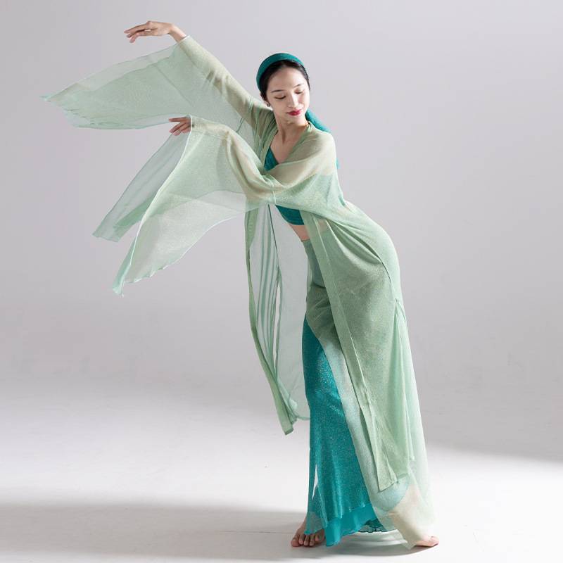 Summer thin -sleeved ancient style dance clothing fairy, elegant green, rhyme yarn vest, wide -leg pants Oriental classical dance