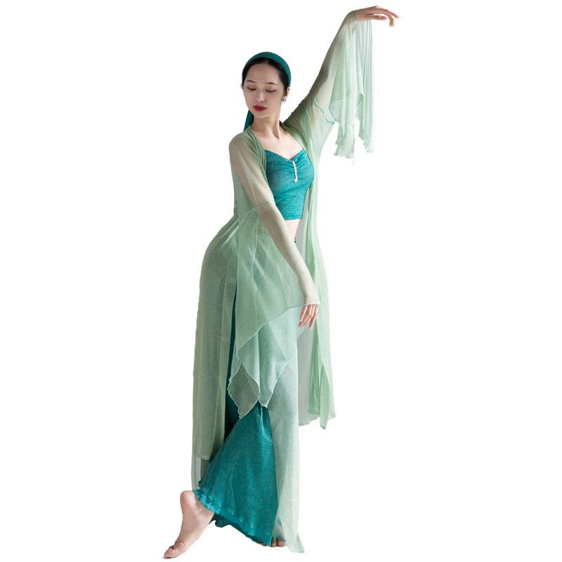 Summer thin -sleeved ancient style dance clothing fairy, elegant green, rhyme yarn vest, wide -leg pants Oriental classical dance