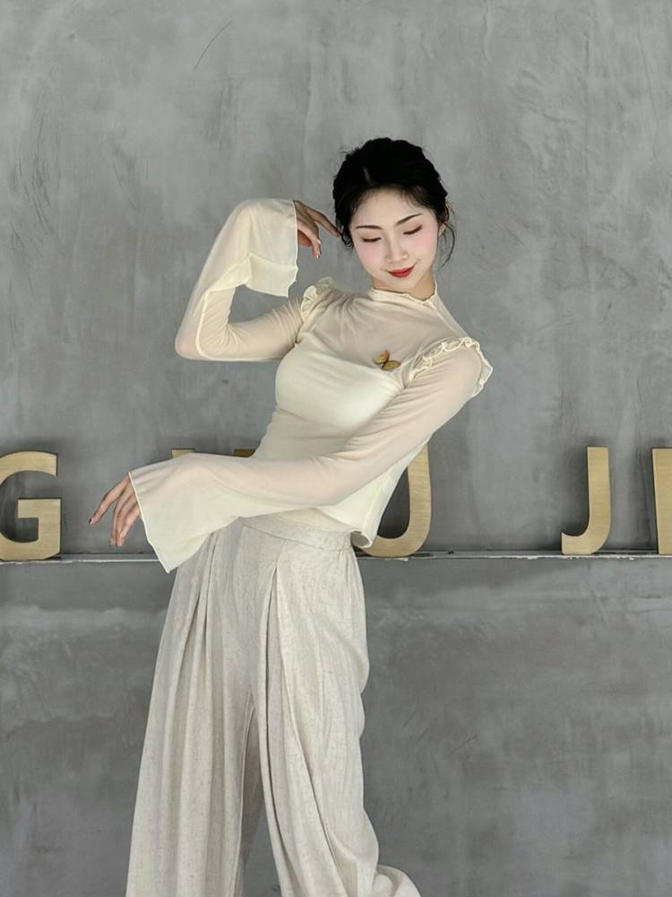 Classical dance gauze horn sleeve dance top slimming and thin practice service Butterfly art test new mesh