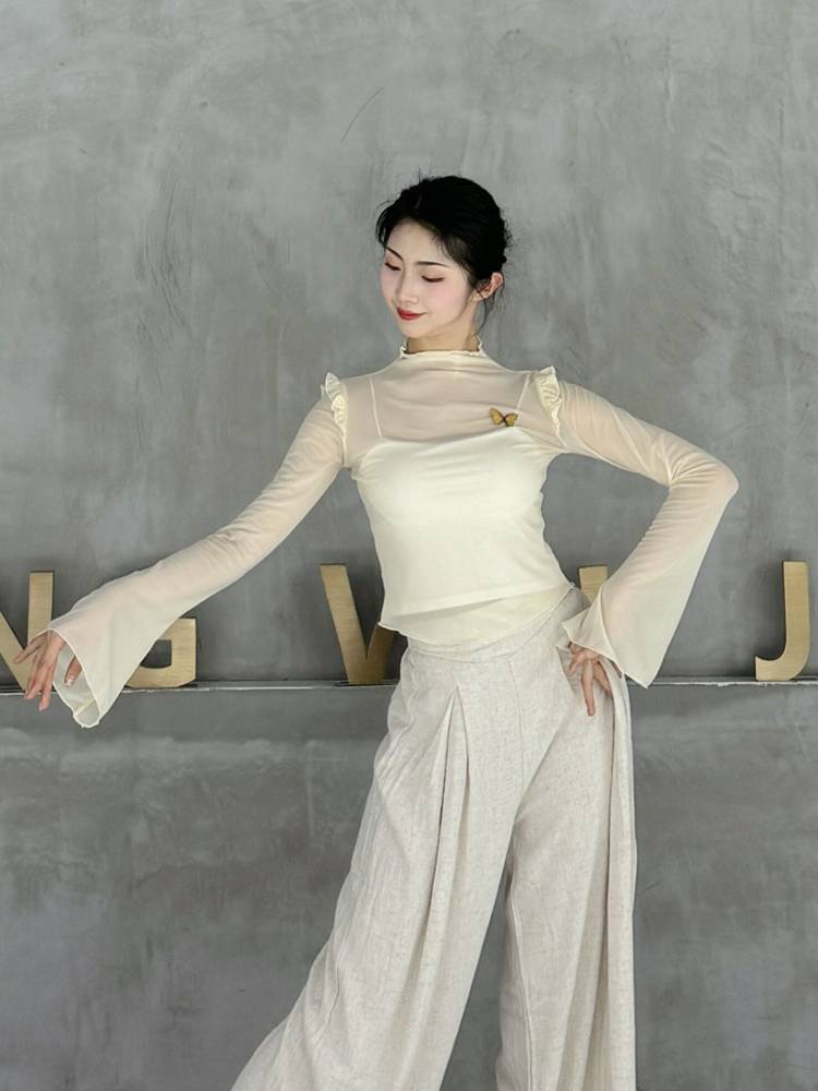 Classical dance gauze horn sleeve dance top slimming and thin practice service Butterfly art test new mesh
