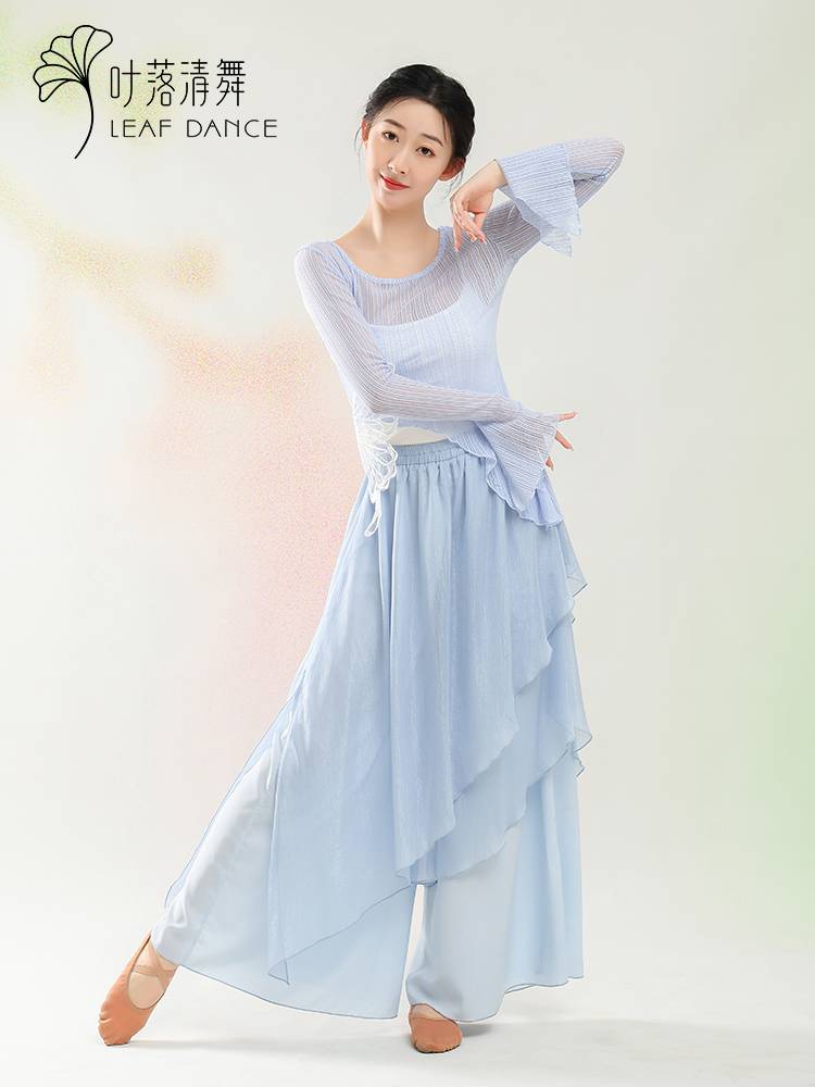 Ye Luo Qing dance classical dance double -layer wide -leg crystal fluorescent trousers practice Chinese dance modern national dance elegant gauze pants