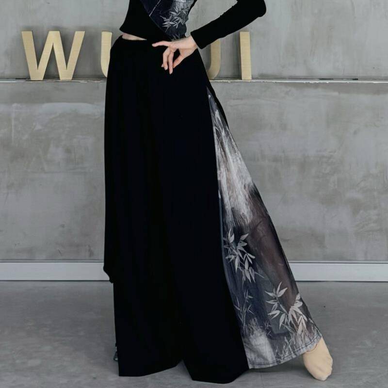 Modern dance exercise pants Chinese style dance ink painting performance service classical dance black wide -leg pants tie pants skirt