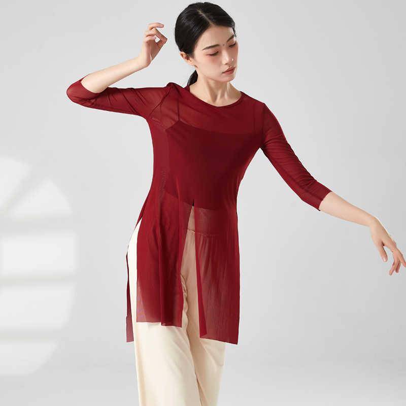 Classical dance body rhyme gauze female adult dance exercise, elastic net gauze top modern national dance performance service summer