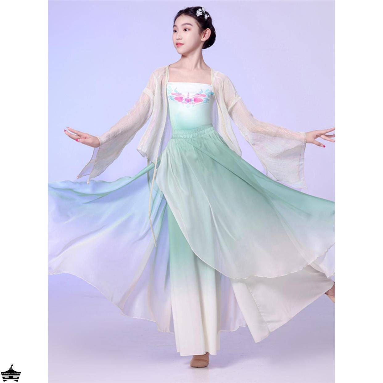 Children's dance clothing, rhyme, merit, elegant pants skirt, girl gauze, Chinese fan dance classical dance performance service