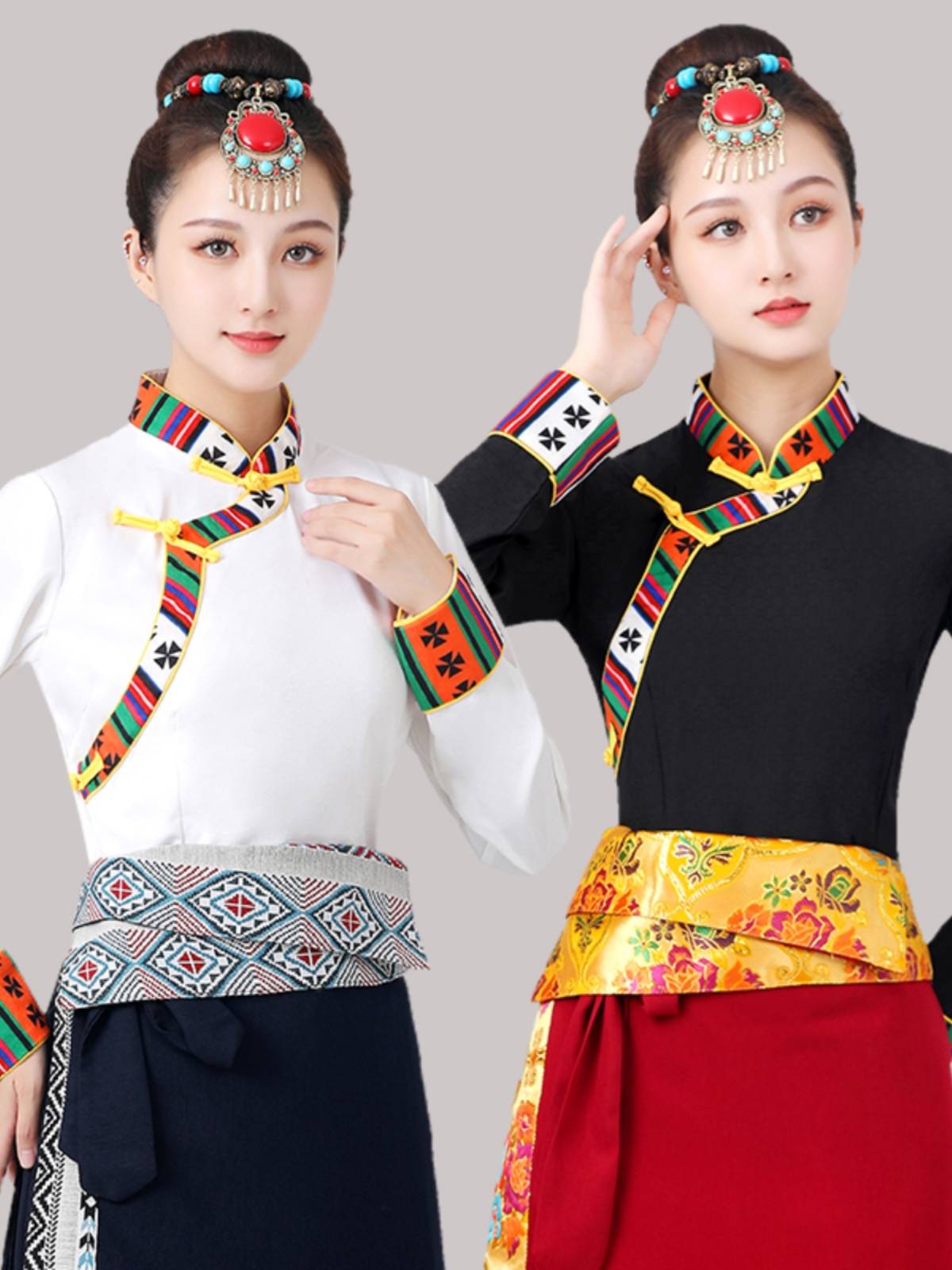 Tibetan women in national dance costumes with long-sweet pan-sweet shirts for the summer