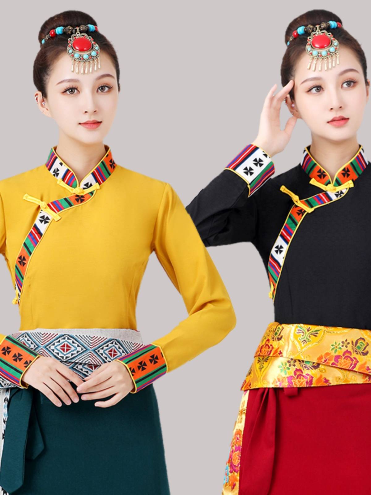 Tibetan women in national dance costumes with long-sweet pan-sweet shirts for the summer