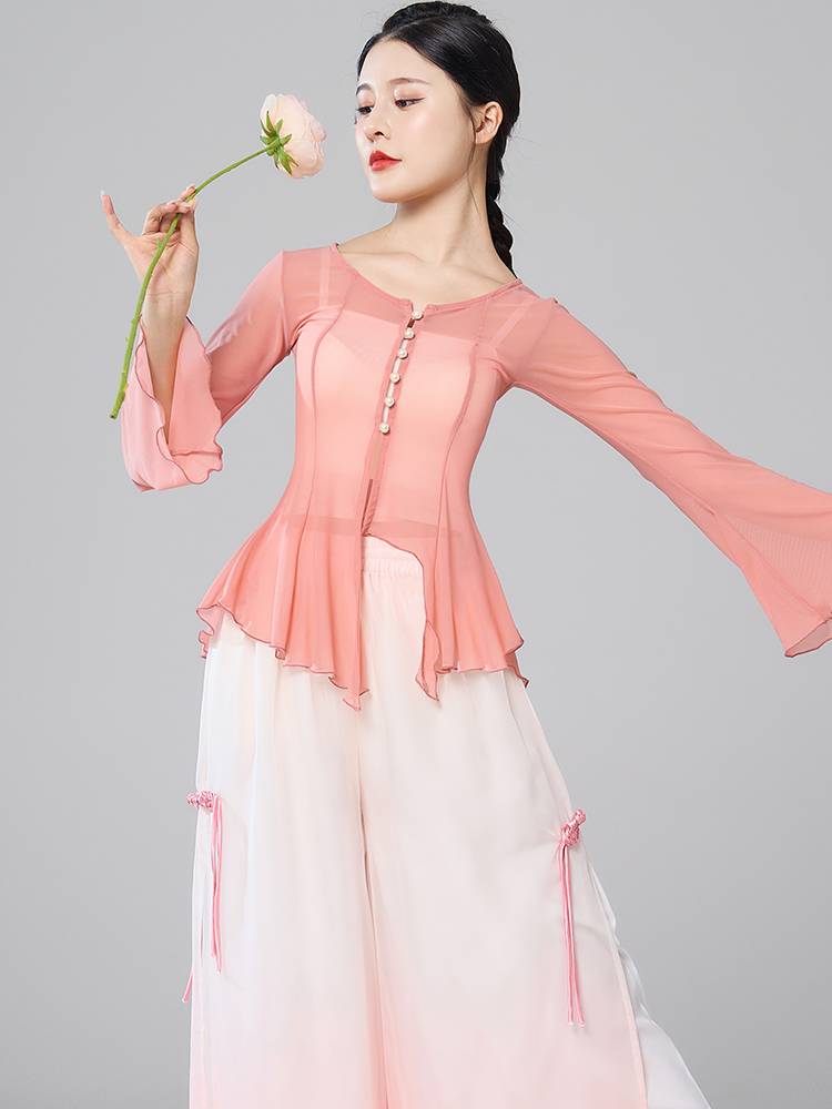 Classical dance exercise girl elegant body rhyme gauze short top Chinese style national dance net yarn 2024 new model