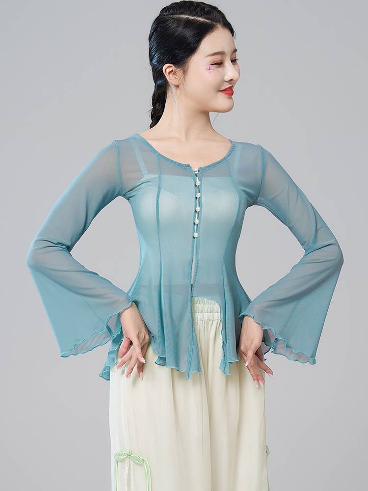 Classical dance exercise girl elegant body rhyme gauze short top Chinese style national dance net yarn 2024 new model