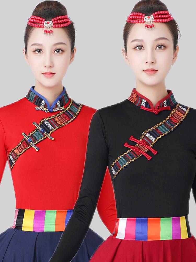 Ethnic minority style Tibetan dance clothing female stage performed Guizhuang Zhuoma half -body milk silk shirt short sleeves