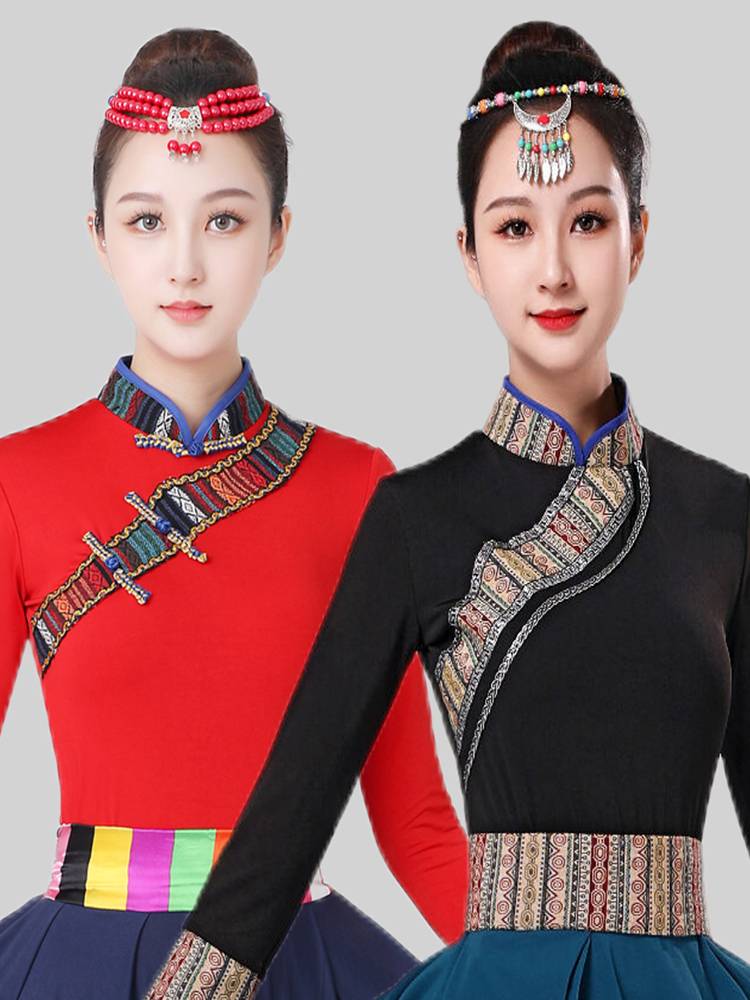 Ethnic minority style Tibetan dance clothing female stage performed Guizhuang Zhuoma half -body milk silk shirt short sleeves