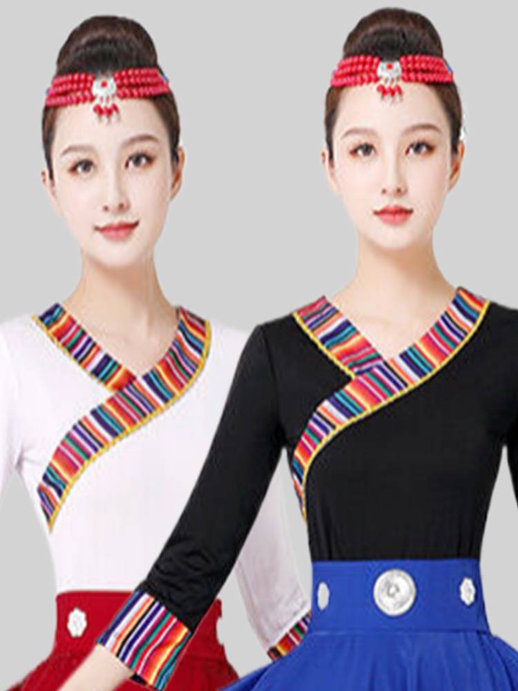 Ethnic minority style Tibetan dance clothing female stage performed Guizhuang Zhuoma half -body milk silk shirt short sleeves