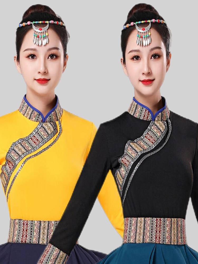 Ethnic minority style Tibetan dance clothing female stage performed Guizhuang Zhuoma half -body milk silk shirt short sleeves