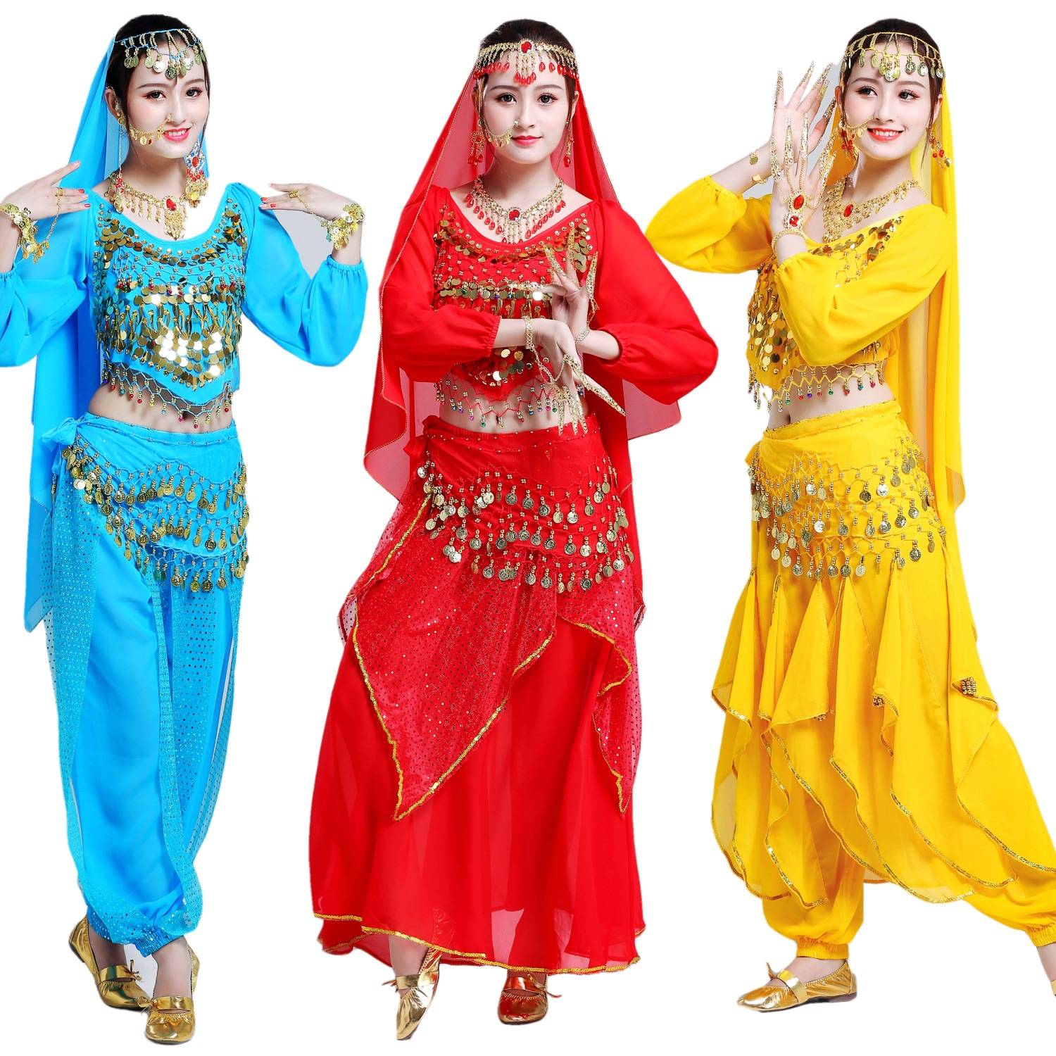 Indian Dance Performance Set Long Sleeve Practice Belly Dance National Highlight Skirts