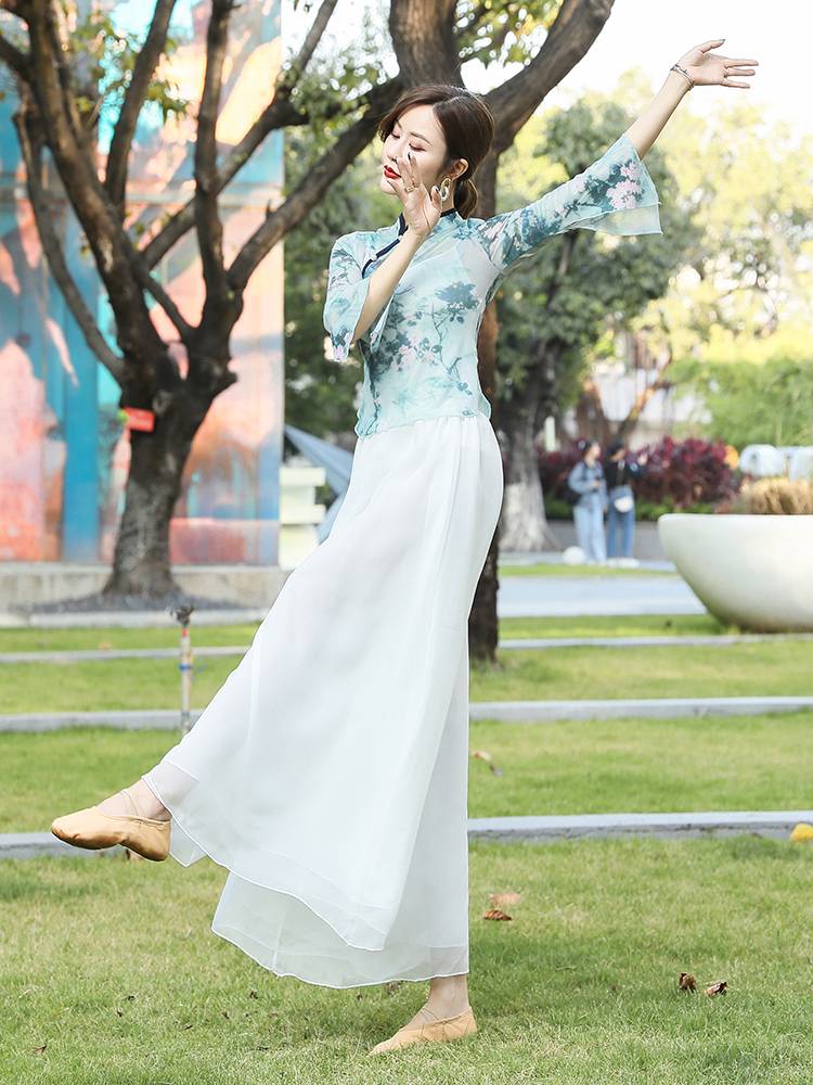 2021 new modern dance body rhyme gauze split horn sleeve printing gauze national performance training exercise adult