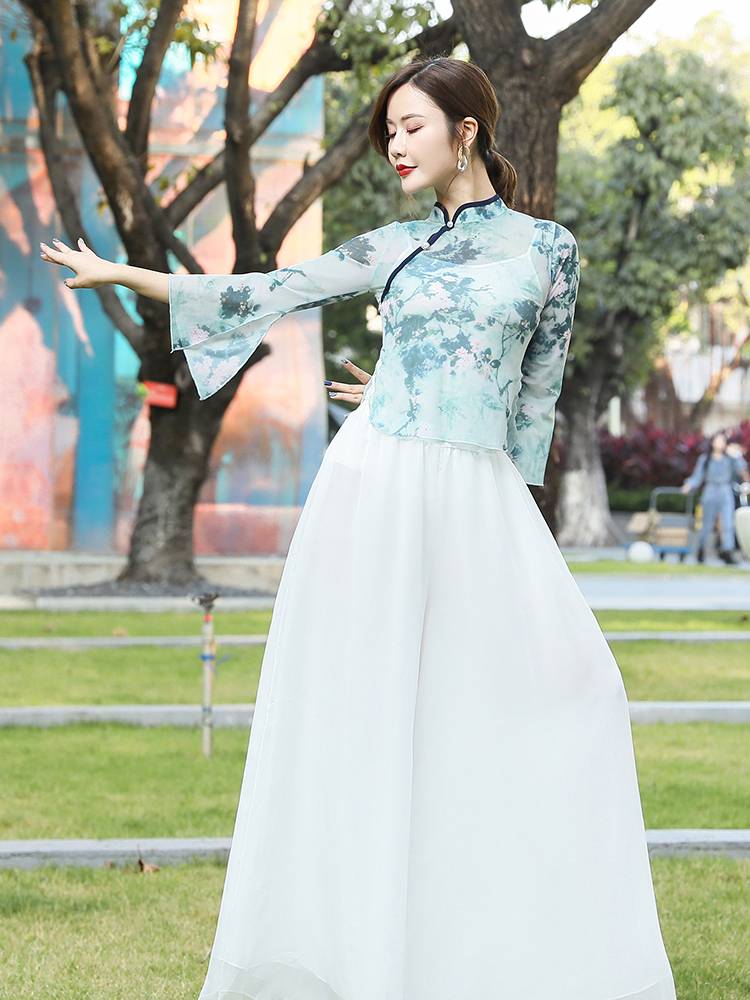 2021 new modern dance body rhyme gauze split horn sleeve printing gauze national performance training exercise adult