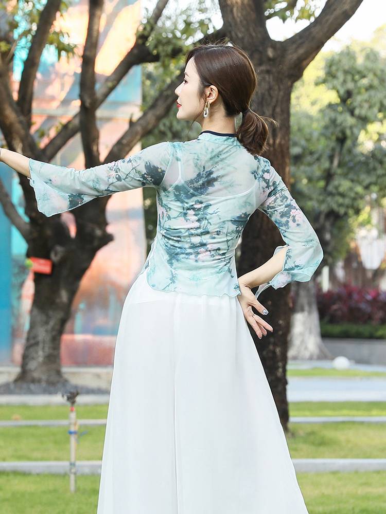 2021 new modern dance body rhyme gauze split horn sleeve printing gauze national performance training exercise adult