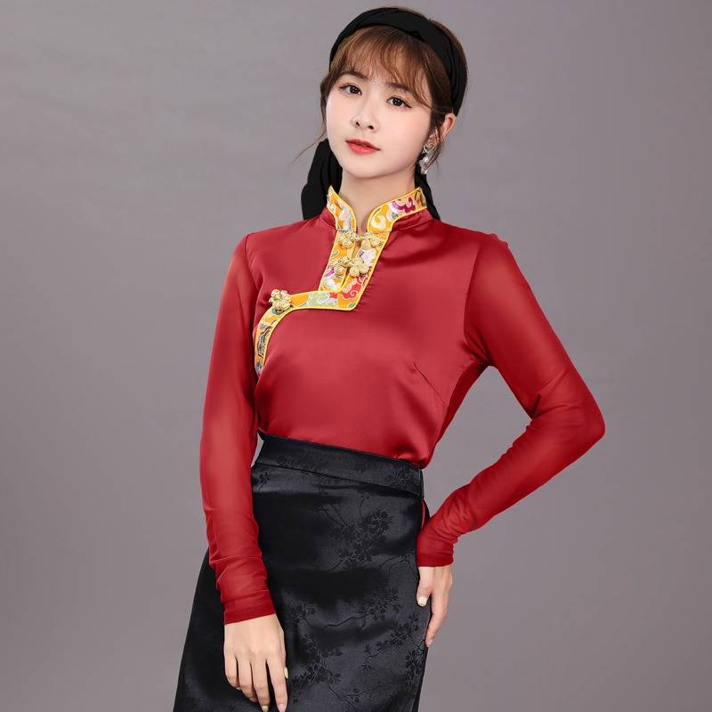 National wind top long -sleeved nets Spring and autumn Tibetan women's summer pot dance clothing large size loose collection T -shirt