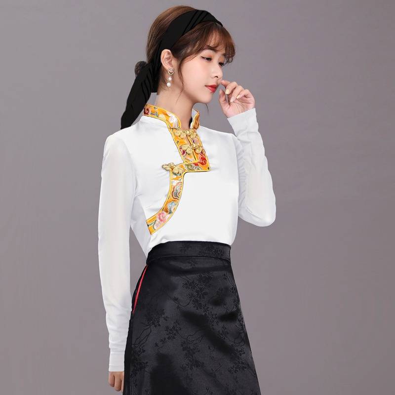 National wind top long -sleeved nets Spring and autumn Tibetan women's summer pot dance clothing large size loose collection T -shirt