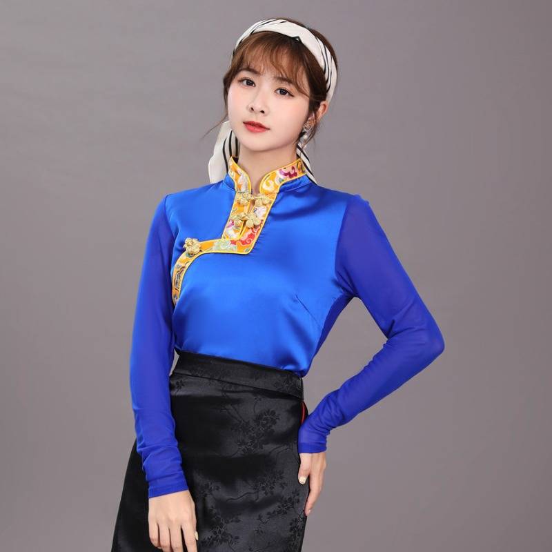 National wind top long -sleeved nets Spring and autumn Tibetan women's summer pot dance clothing large size loose collection T -shirt
