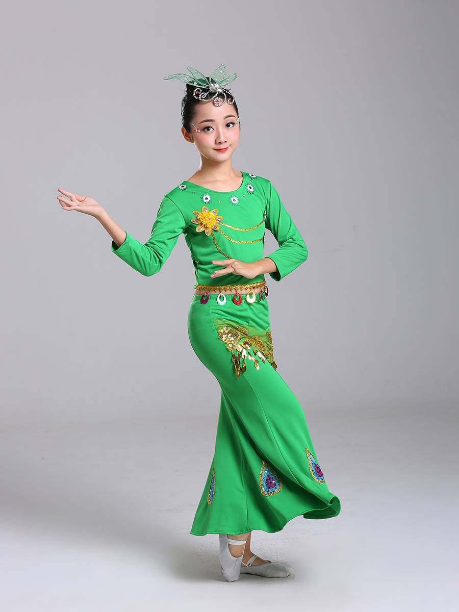 Children's Dai dance service new long -sleeved loose version peacock dance fishtail skirt minority performance clothing