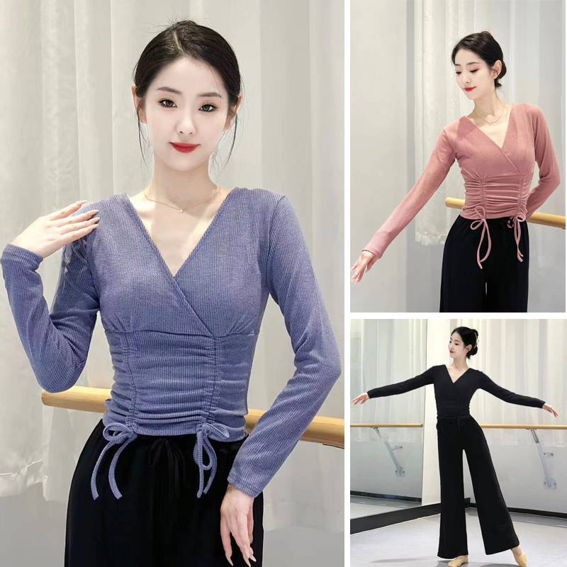 Classical dance service suit set V -neck female top teacher art test modern training service long -sleeved ethnic dancing