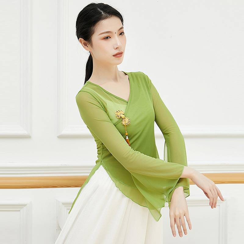 Classical dance clothing female elegant perspective body rhyme training clothes shape top lotus leaf sleeve Chinese national square dance