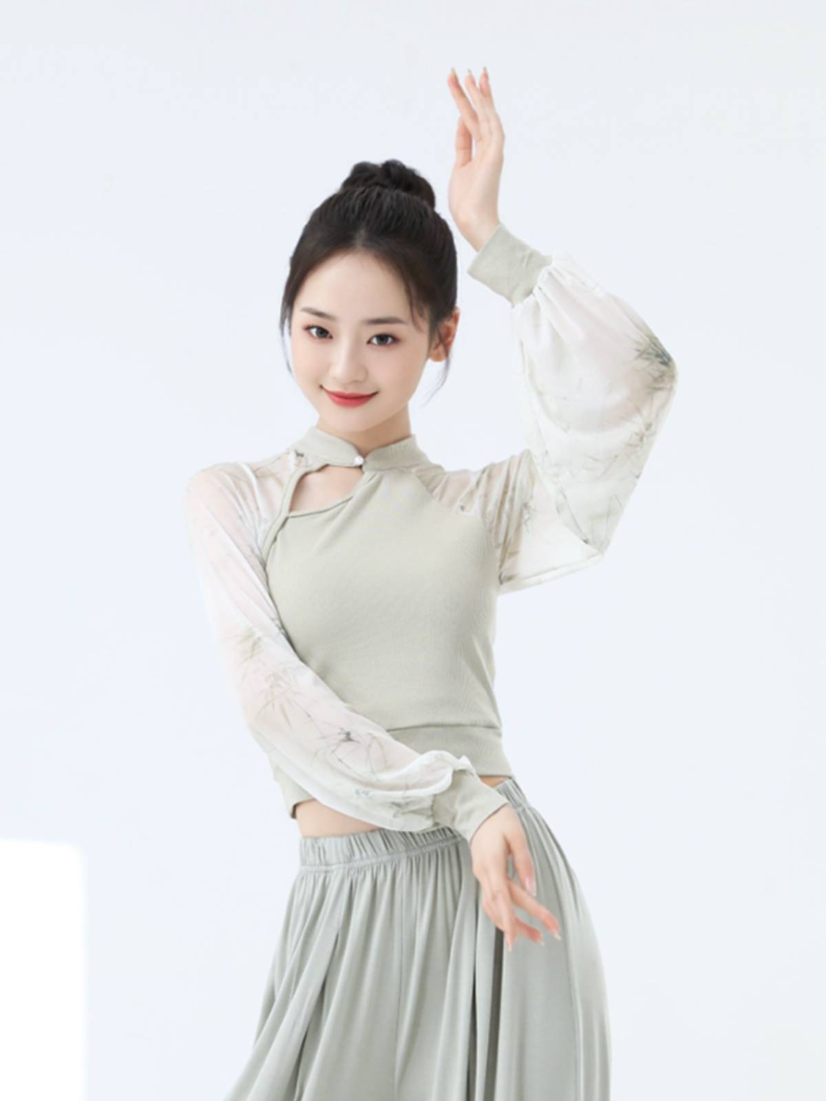 Classical dance body rhyme cheongsam collar net gauze lantern sleeve dance practice service modern dance collection waist top performance service