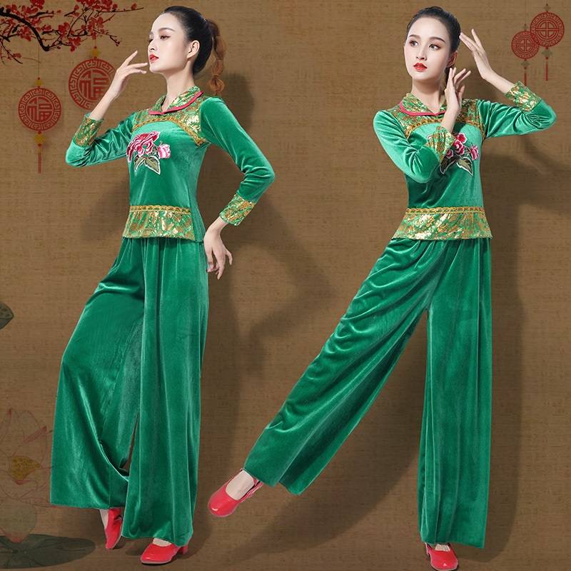 Spring and autumn and winter national style gold velvet square dance clothing new female Yangge suit jumping stage performances to show suit suits
